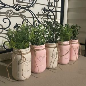 Rustic Mason Jar Faux Florals - White and Pink quart Size 7”